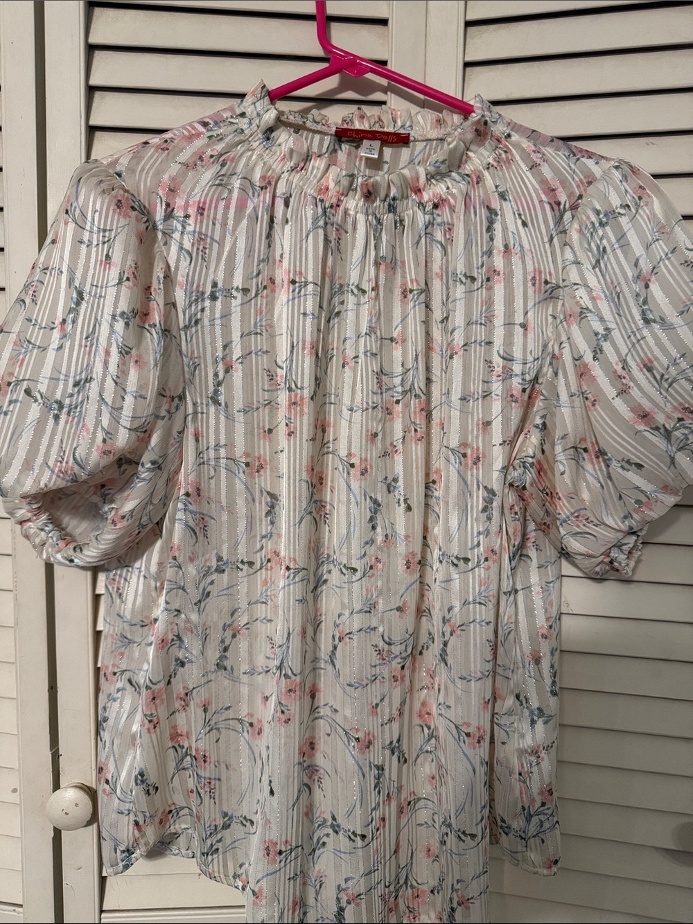 Smocked Neck Floral Stripe Blouse - Cream with Pink & Blue